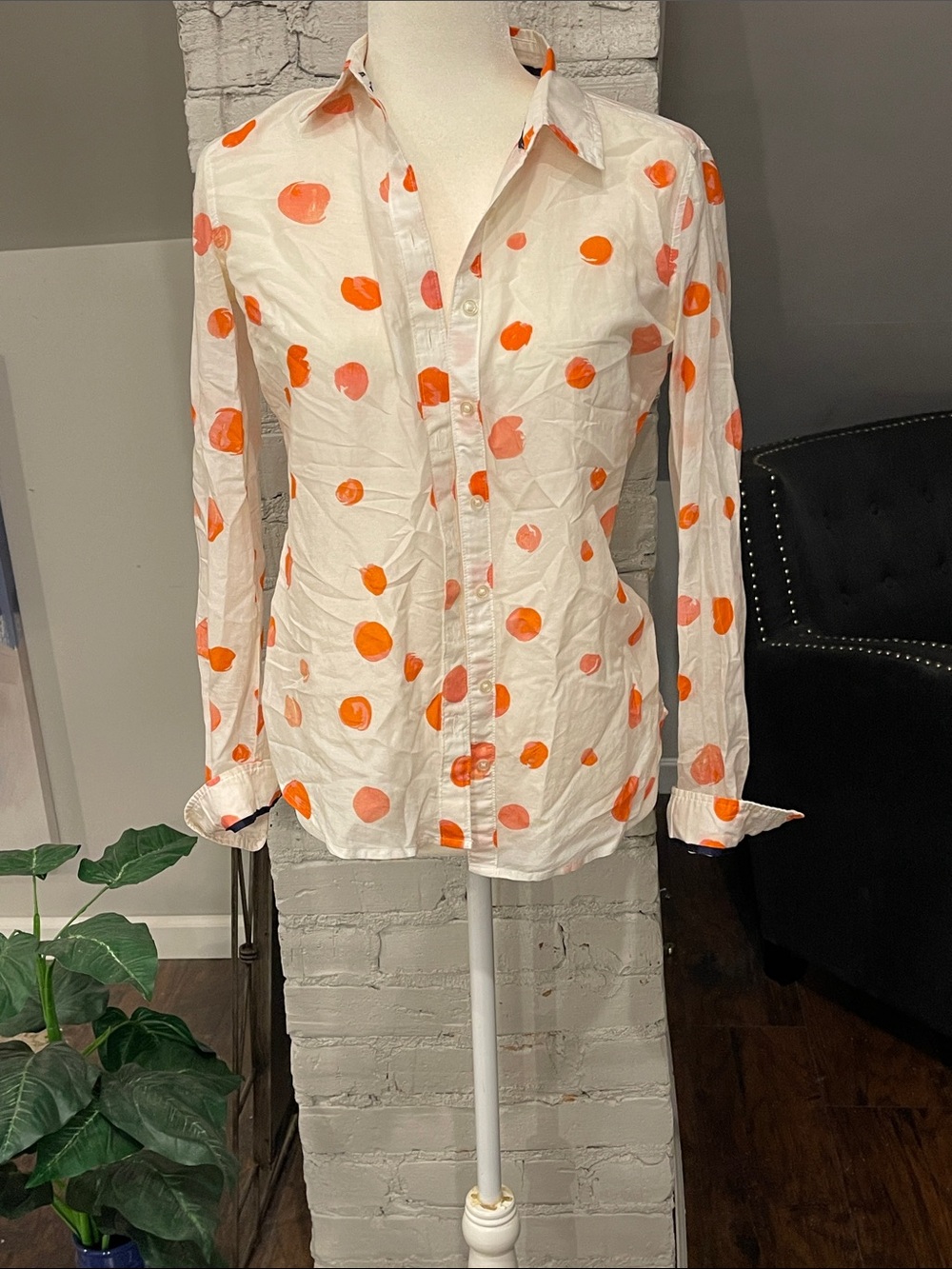 Women’s vintage White Button-Up silk Shirt with Orange Polka Dots